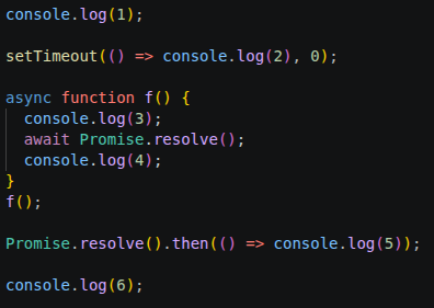 Уровень 1. Комбо: setTimeout, async-функция с await Promise.resolve(), отдельный .then и синхронный код. В каком порядке всё попадёт в консоль? Введите значения через запятую без пробелов (например: 1,2,3).